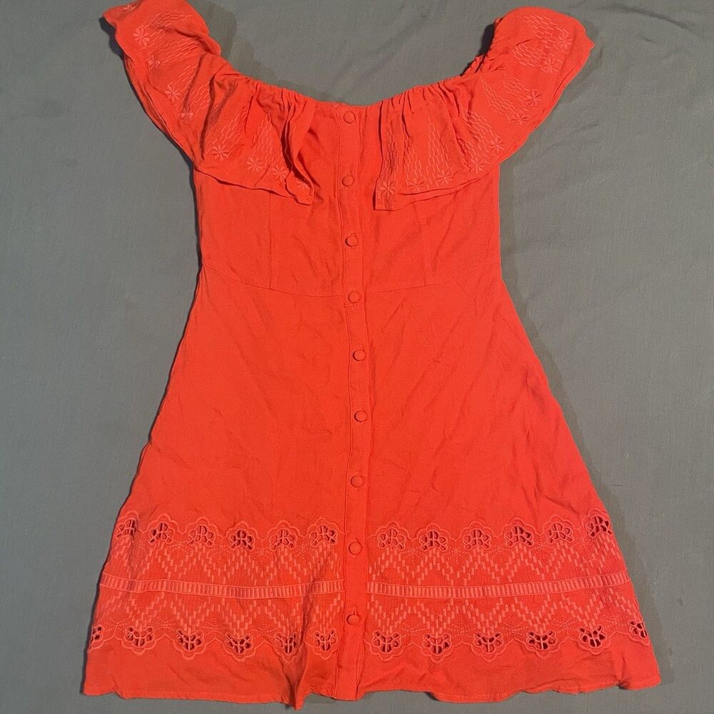 Sugar + Lips Women's Off the Shoulder Bright Red Embroidered Buttons Dress M